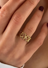 goldener Ring mit Herzdetails an Ringfinger getragen